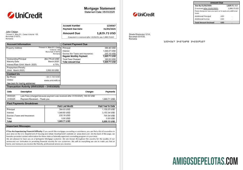 Extrato de hipoteca do Banco Unicredit da Romênia em formatos Word e PDF baixar para verificação